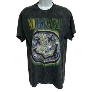 Acid Wash Nirvana Smiley Graphic T-Shirt Womens Size M